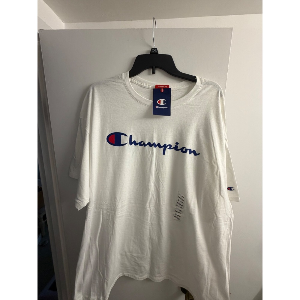 Champion Mens White Script Logo Short Sleeve Jersey T-Shirt 2XL GT23H NEW